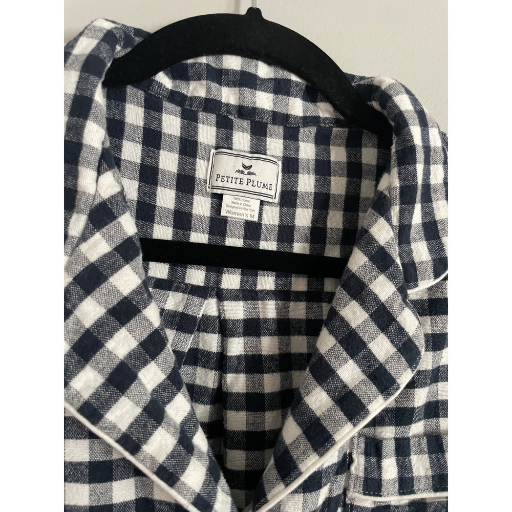 Petite Plume Pajama Set Womens M Navy Gingham Cotton Button Down Classic Lounge